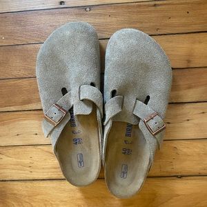 Birkenstock Boston Taupe Suede Clogs